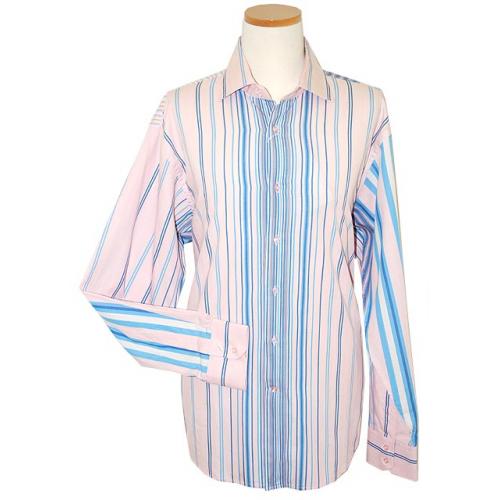 Lanzino Pink/Navy Stripes Long Sleeves 100% Cotton Shirt AD93